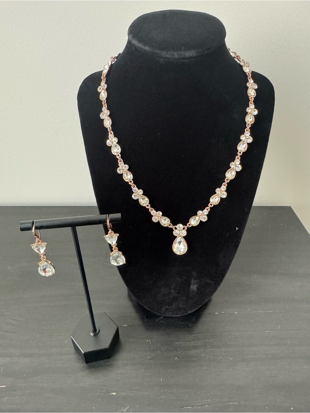 Macys Elegant Rose Gold and Clear Crystal Necklace & Earring Set